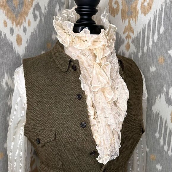 Ralph Lauren Olive Herringbone and Leather Gilet Waistcoat Vest - Picture 14 of 16